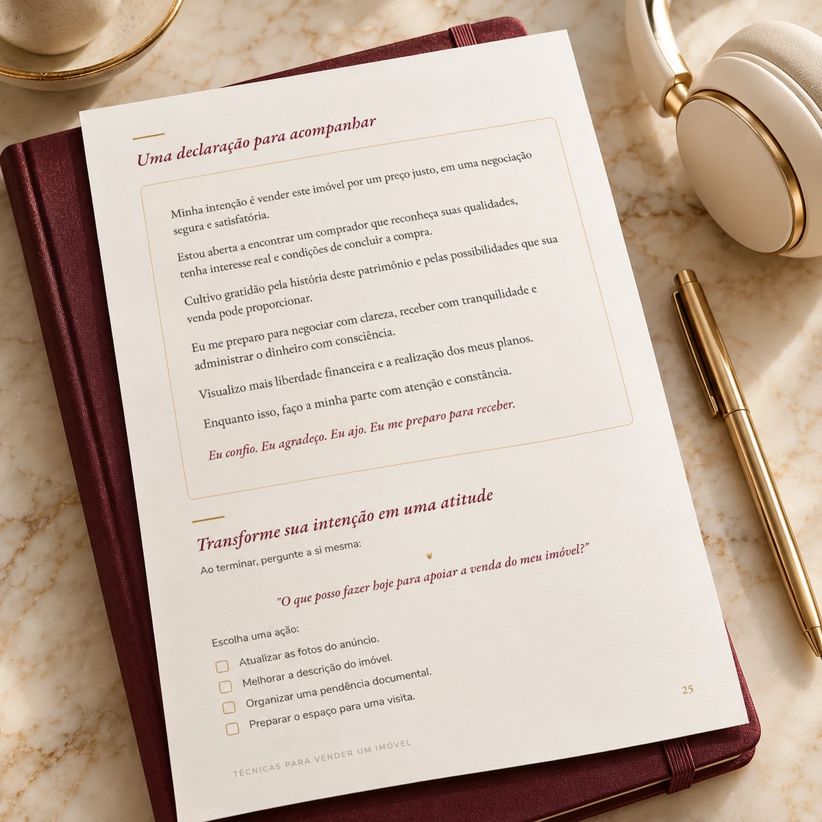 Caderno de prática, cartões e fones para mantras e declarações