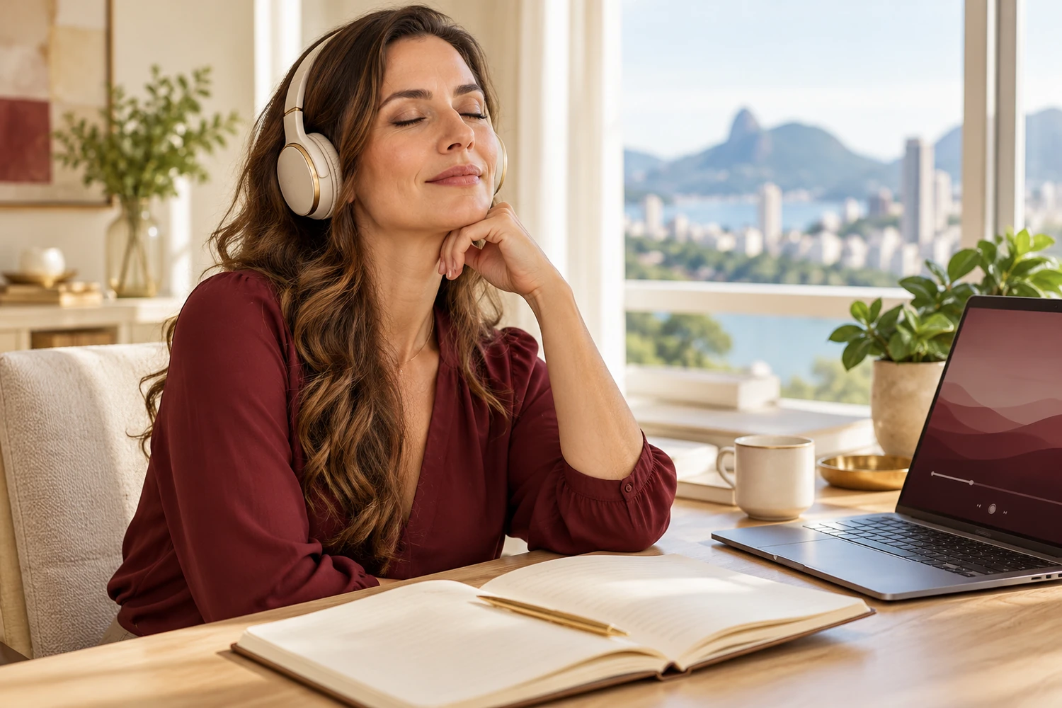 Mulher praticando visualização guiada em casa